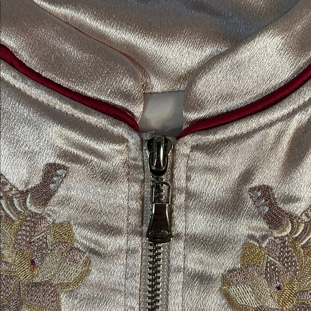 Pinkish Peach Satin Sukajan Bomber Jacket with Embroidered Tiger Design - Picture 6 of 7